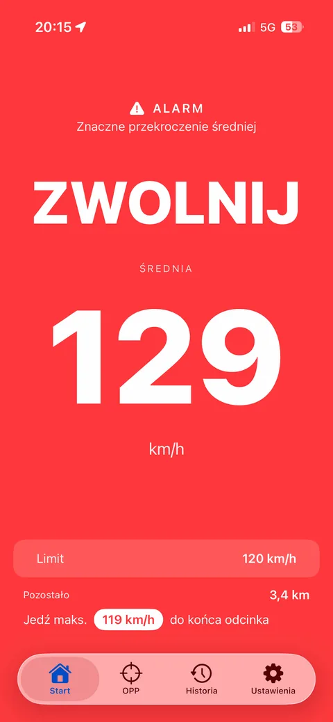 Ekran OPP Asystent — alarm, czas zwolnić