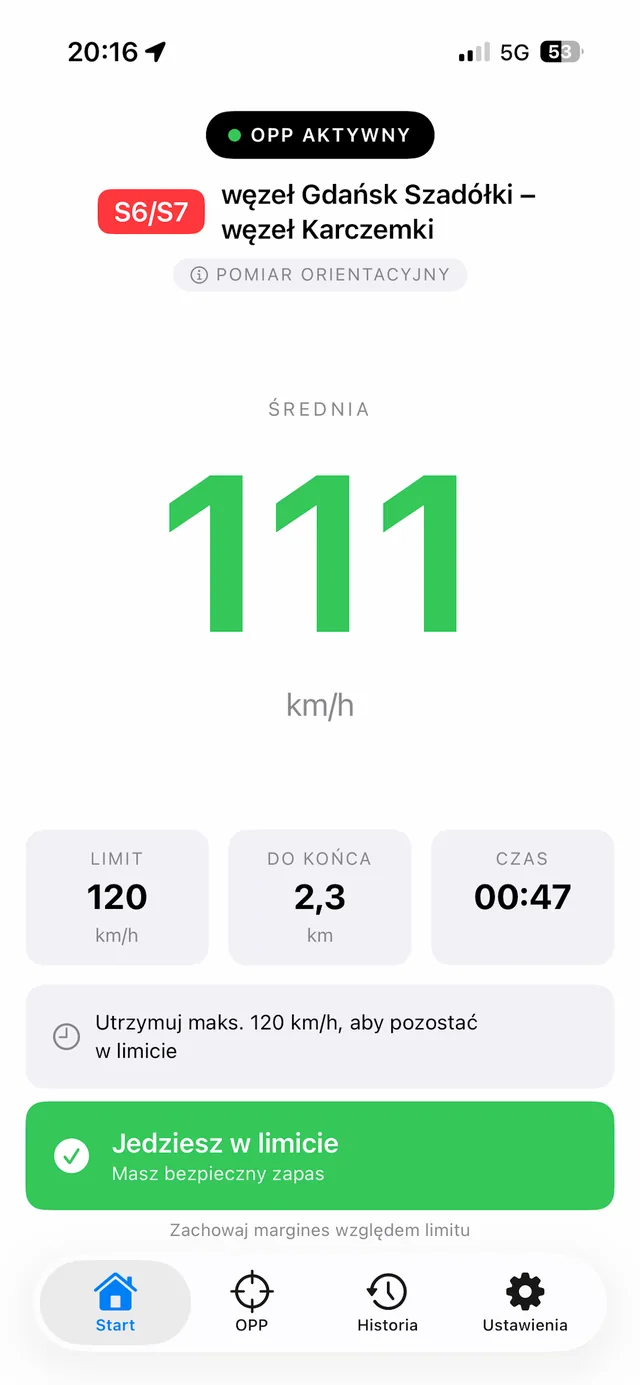 Ekran OPP Asystent — średnia prędkość w limicie